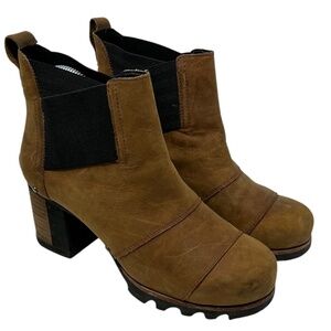 Sorel Addington Brown Leather Chunky Wooden Heel Chelsea Lug Boots